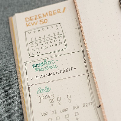 Wochenübersicht im Journal mit Zielen, Kalender und Fokuswort