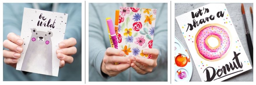 Drei Postkarten mit Aquarellmotiven, darunter ein Bär und ein Donut.