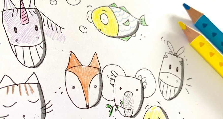 Bunte illustrierte Tierfiguren wie Einhorn, Fuchs, Fisch, Katze