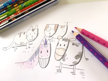 Sketchnote Tierfiguren wurden mit Buntstiften ausgemalt, ein lila und pinker Buntstift liegen auf der Zeichnung.