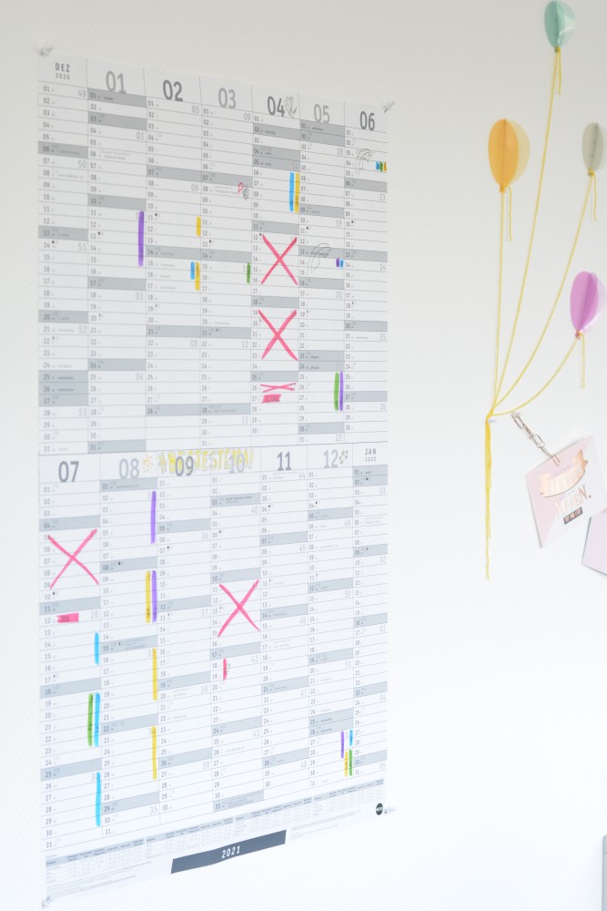 Ein Posterplanber mit vielen farblichen Markierungen hängt an einer Wand.