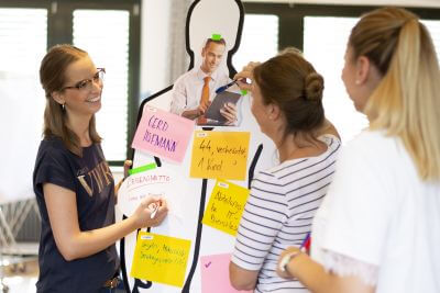 3 Frauen stehen in einem Workshop an einem Aufsteller