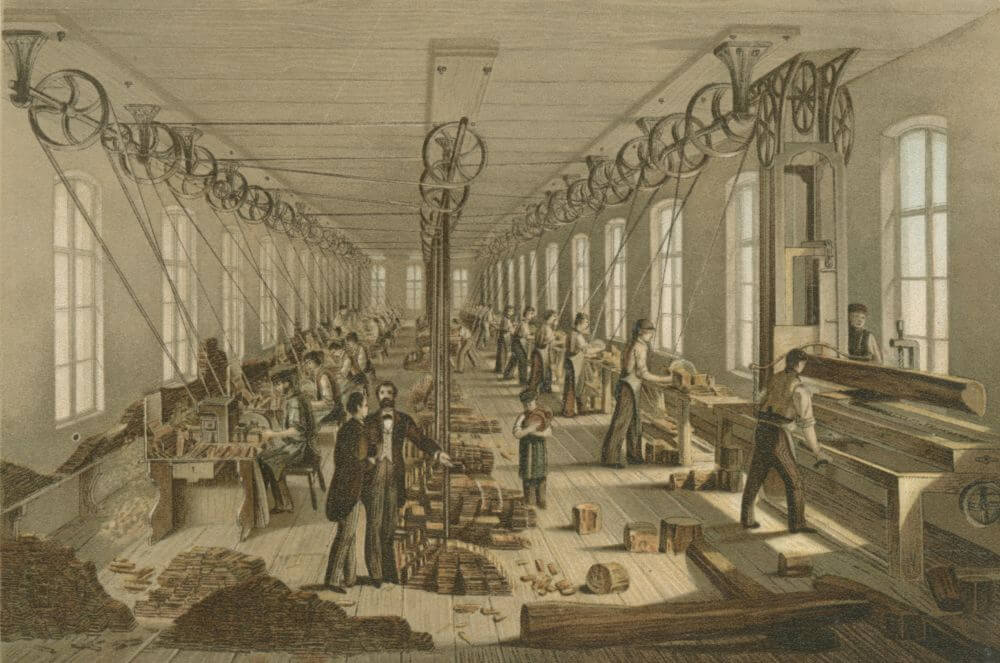 Bleistiftproduktion bei Faber-Castell 1861: Das Holz, das später die Bleistiftmine fasst, wird klein geschnitten. © Archiv Faber-Castell