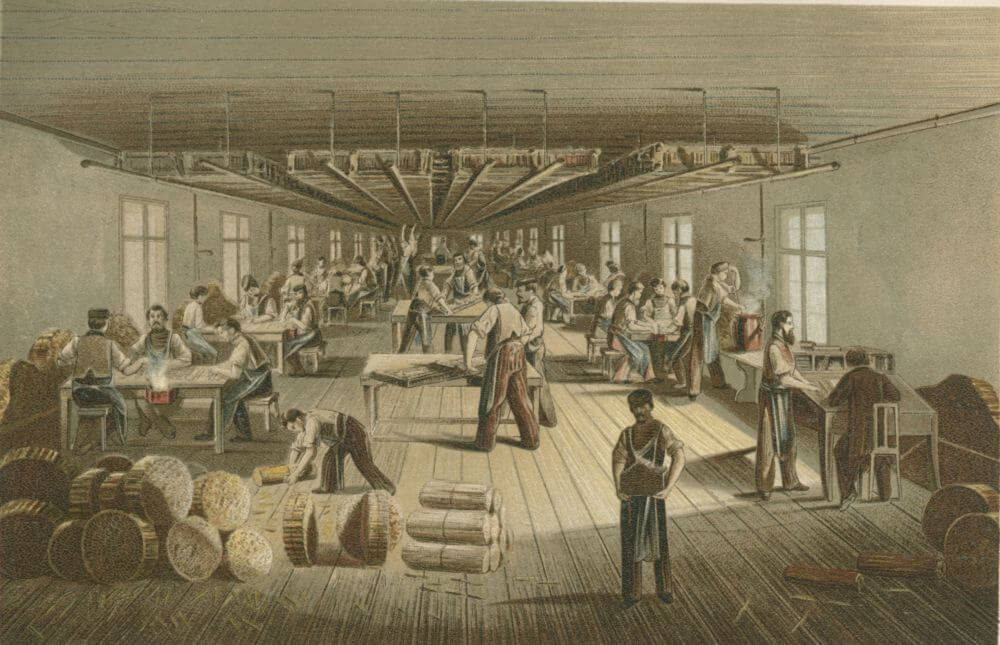 Bleistiftproduktion bei Faber-Castell 1861: Die Bleistiftminen werden in das Holz eingeleimt. © Archiv Faber-Castell