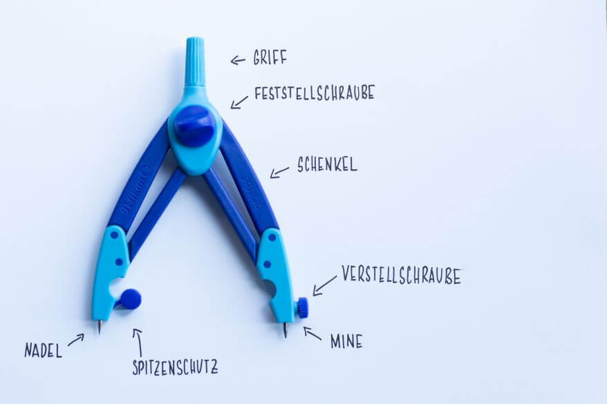 Der Schulzirkel griffix von Pelikan liegt auf einem Blatt Papier. Daneben stehen handschriftlich die Fachbegriffe des Zirkels mit Pfeilen auf das jeweilige Element: Griif, Feststellschraube, Schenkel, Mine, Nadel, Spitzenschutz, Verstellschraube
