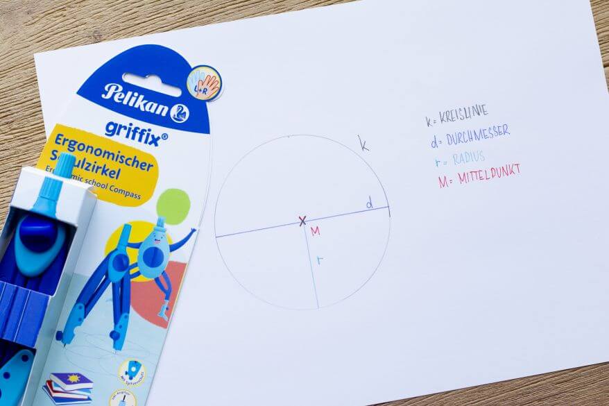 Auf einem Blatt Papier ist ein Kreis aufgemalt und mit Fachbegriffen versehen: M=Mittelpunkt, K=Kreislinie, r=Radius, d=Durchmesser. Daneben liegt der Schulzirkel griffix von Pelikan.