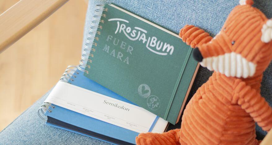 Ein Trostalbum für Kindergartenkinder: Das Fotoalbum Mini Mucho von Semikolon liegt als "Trostalbum für Mara" auf einem Sessel. Daneben sitzt ein Fuchs als Kuscheltier.