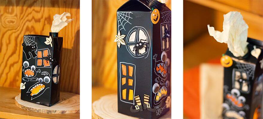 3 Fotos von DIY-Gruselhäusern als Halloween-Deko stehen als Collage nebeneinander. Sie zeigen unterschiedliche Versionen des Gespensterhauses, das als Upcycling-Halloweendeko selbst gebastelt werden kann.