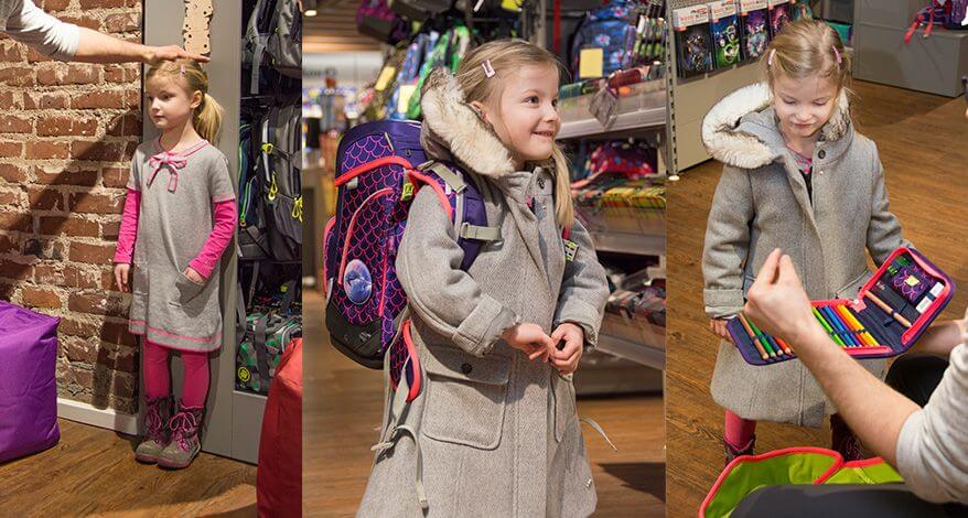 Eine Collage aus verschiedenen Situationen einer Schulranzenberatung. Links sieht man einen Mitarbeiter eines Schulranzen-Fachgeschäfts, der anhand einer Skala an der Wand die Körpergröße einer zukünftigen Erstklässlerin misst. In der Mitte sieht man eine zukünftige Erstklässlerin, die nach einer Ranzen Beratung stolz mit ihrem neuen Schulranze von ergobag im Fachgeschäft steht. Rechts sieht man einen Mitarbeiter, der einem Mädchen, während einer Schulranzen Beratung erklärt, was alles in das Federmäppchen von ergobag gehört.