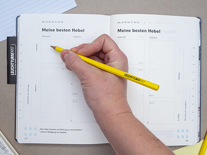 Auf einem grauen Untergrund liegt das blaue Change Journal von Leuchtturm1917. Die Seiten mit der Liste zu „Meine besten Hebel“ sind aufgeschlagen. Jemand schreibt mit einem gelben Bleistift in das Journal. Foto: Johanna Rundel
