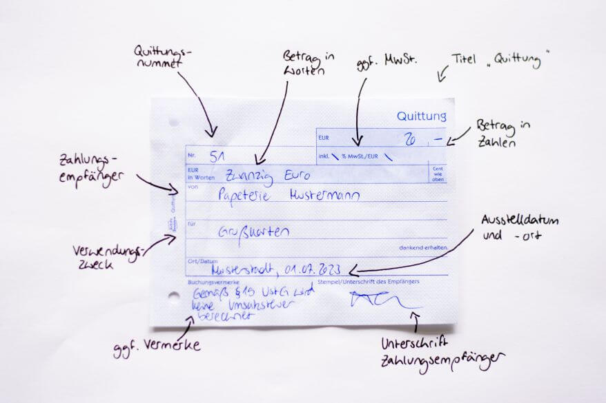 Auf einem weißen Blatt Papier liegt eine handschriftlich ausgefüllte Quittung. Drumherum weisen Pfeile und Beschriftungen auf die einzelnen Bestandteile der Quittung hin.