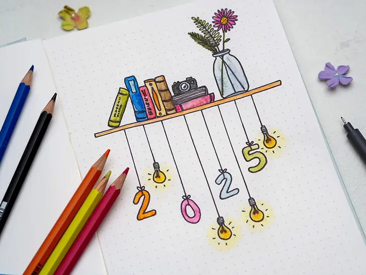Ein aufgeschlagenes Bullet Journal von Rössler. Auf dem Deckblatt ist als Motiv ein Regalbrett zu sehen, an dem Glühbirnen und die Zahlen 2025 hängen. Foto: Johanna Rundel