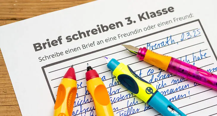 Vier Schreiblernstifte von Pelikan liegen auf einem Lernblatt zum Thema „Brief schreiben in der 3. Klasse“. Foto: Johanna Rundel