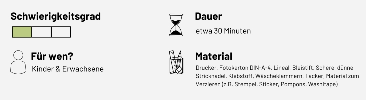 Beshreibung des Schwierigkeitsgrads, Dauer und Material einer Bastelanleitung für ein Osternest.