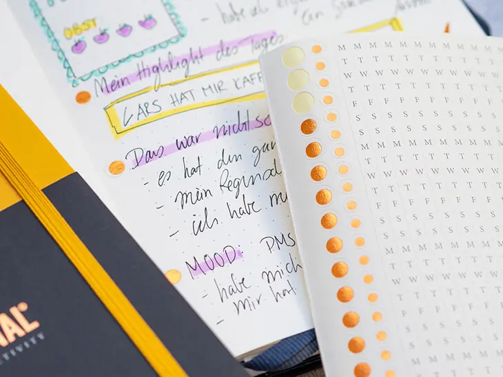 Ein  gelbes Bullet Journal von LEUCHTTURM1917 liegt auf einem aufgeschlagenen daily log in einem anderen Notizbuch. Darauf ein Stickerbogen mit passenden Journaling-Aufklebern in goldfolierung. Foto: Johanna Rundel