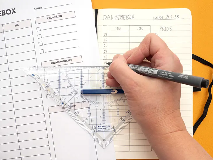 Jemand zeichnet auf einer Schreibtischunterlage, eine „Daily Timebox“-Vorlage in ein Notizbuch von Sigel ab. Foto: Johanna Rundel