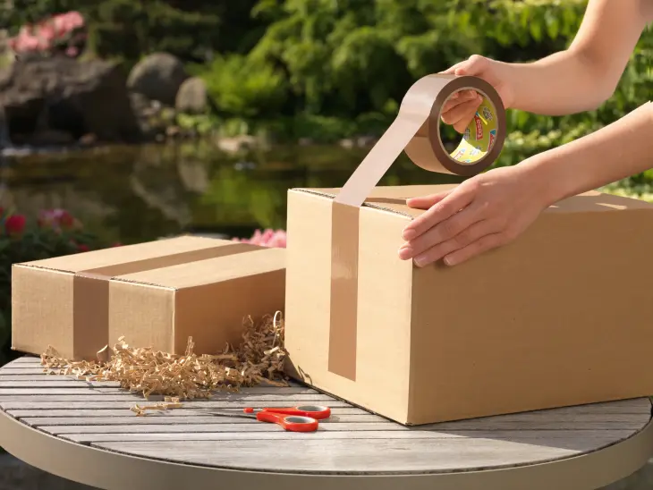 Die Abbildung zeigt eine Person, die im Freien auf einem Tisch ein Paket mit einem tesa Packband verschließt. Auf dem Tisch liegt eine Schere und Polstermaterial aus Papier.