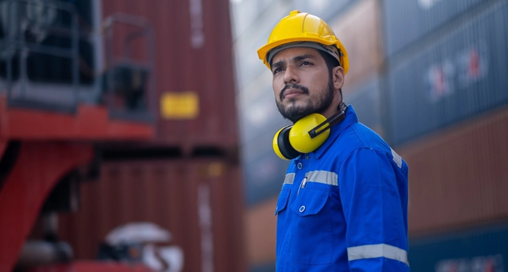 Arbeiter mit gelbem Schutzhelm und Gehörschutz blickt auf Containerschiffe im Hafen.