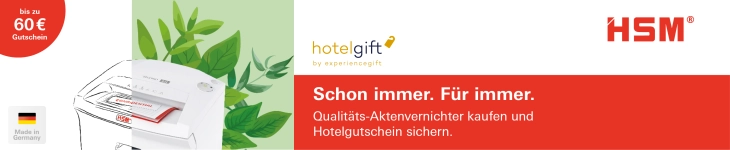 Eine Werbung zu Aktenvernichtern von HSM, beim Kauf dieser sichert man sich einen Einakfusgutschein von Hotelgift.