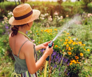 Eine Frau giest Blumen im Garten mit einem Gartenschlauch.