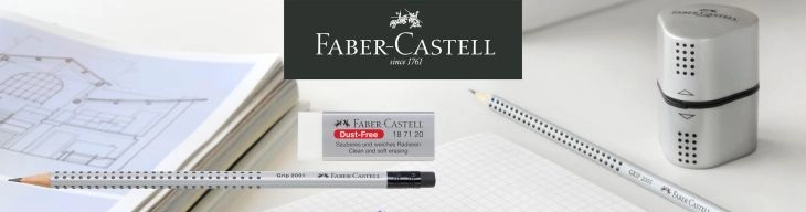 Faber-Castell Bleistift, Radiergummi und Spitzer auf Schreibtisch.