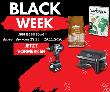 Auf schwarzem Hintergrund mit roten Streifen sind 4 Produkte abgebildet. Oben rechts steht "Black Week".