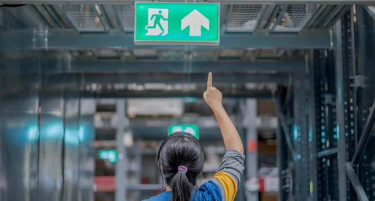Eine Frau zeigt auf ein leuchtendes Notausgangsschild in einem Industriegebäude.