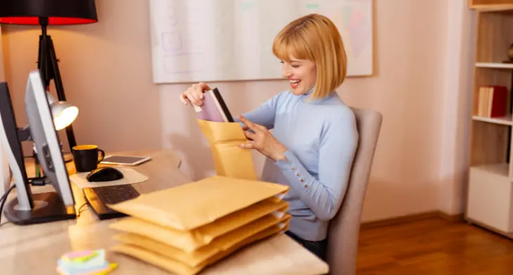 Eine Frau, die an ihrem Schreibtisch sitzt und Ware in gepolsterte Versandtaschen verpackt.