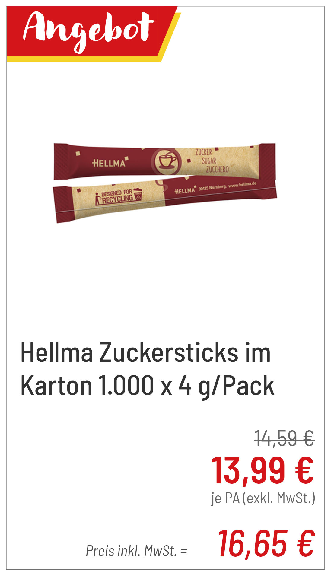 Hellma Zuckersticks im Karton 1.000 x 4 g/Pack für 16,65 € je PA