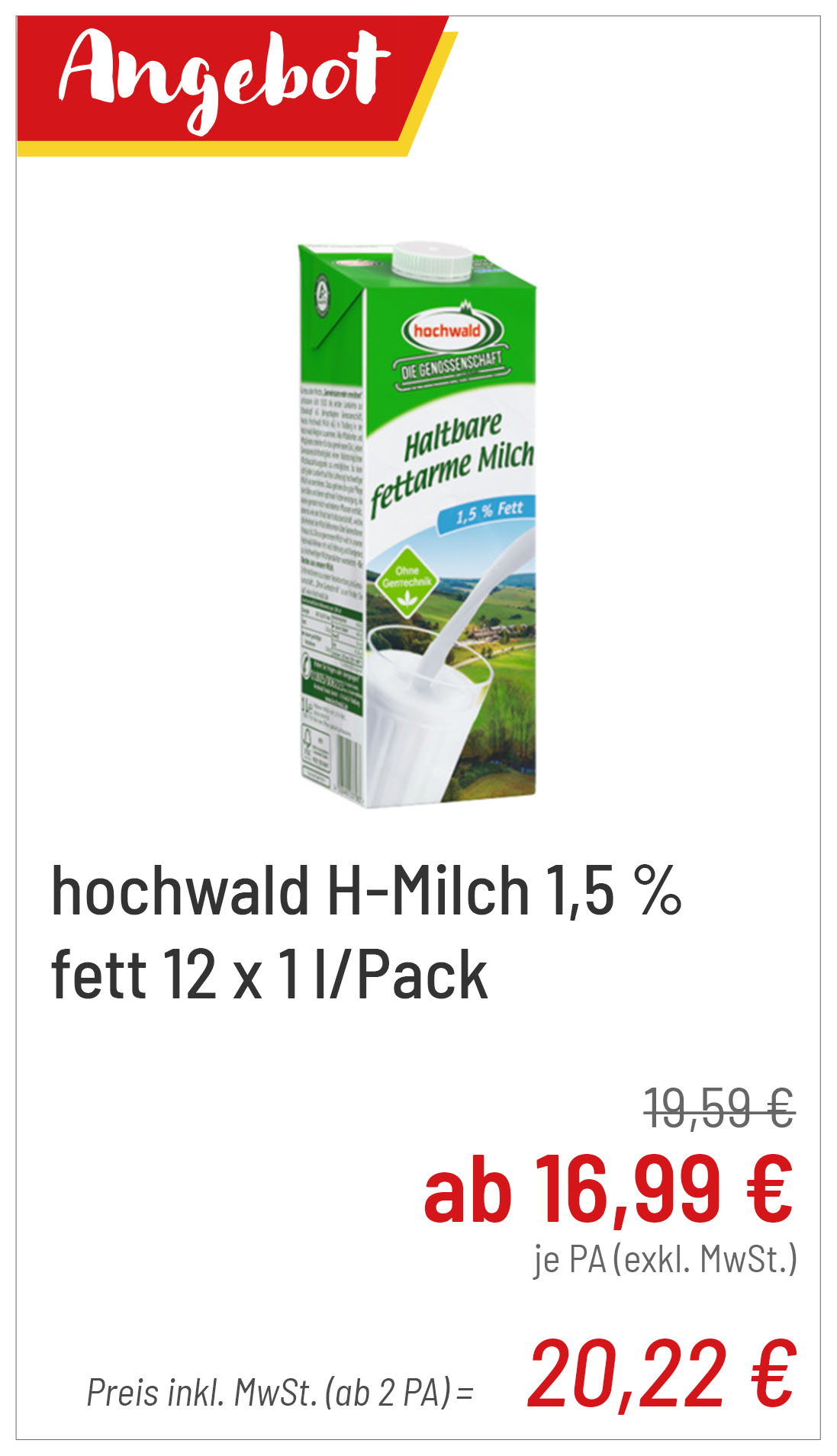 hochwald H-Milch 1,5 % fett 12 x 1 l/Pack ab 20,22 € PA