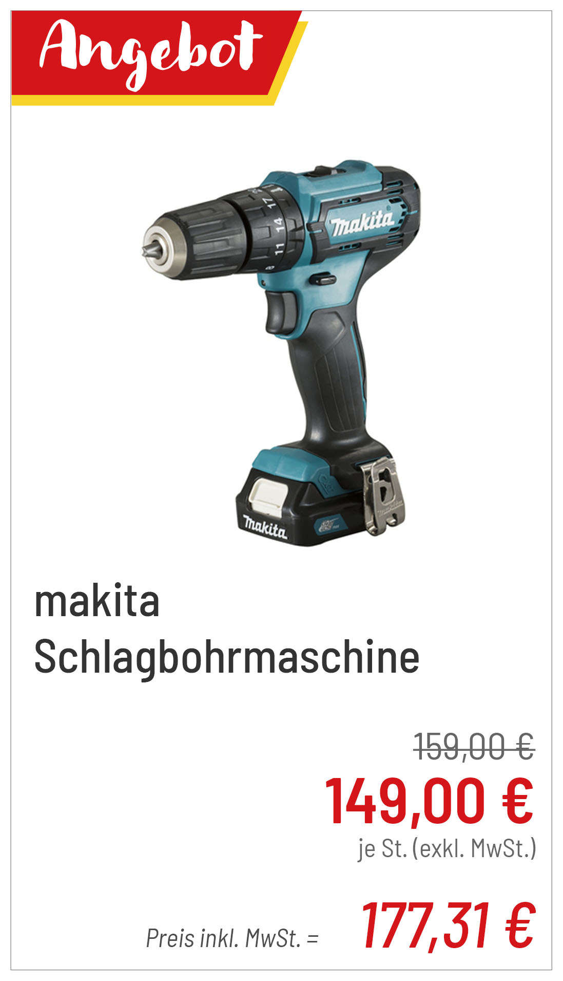 makita Schlagbohrmaschine HP333DSAX1 für 177,31 €