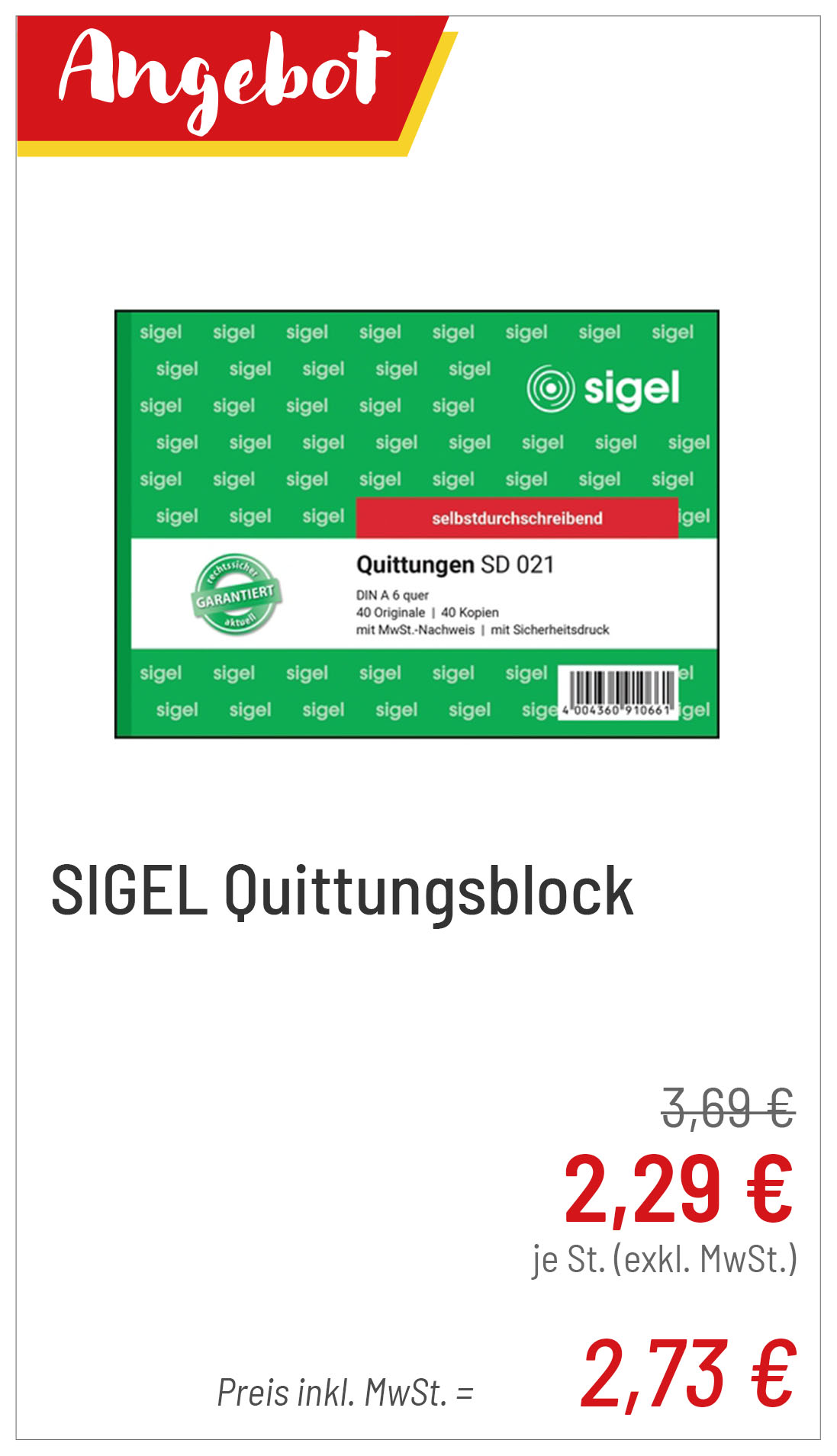 SIGEL Quittungsblock für 2,73 €