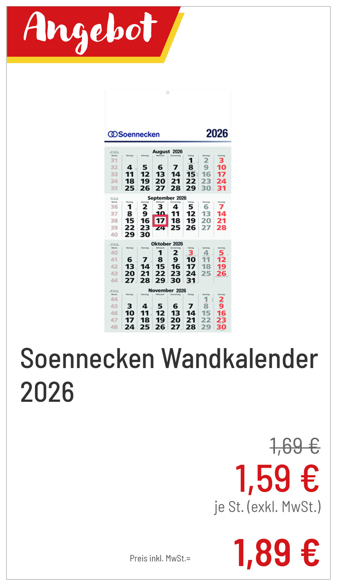 Soennecken Wandkalender 2026 4 Monate für 1,89€