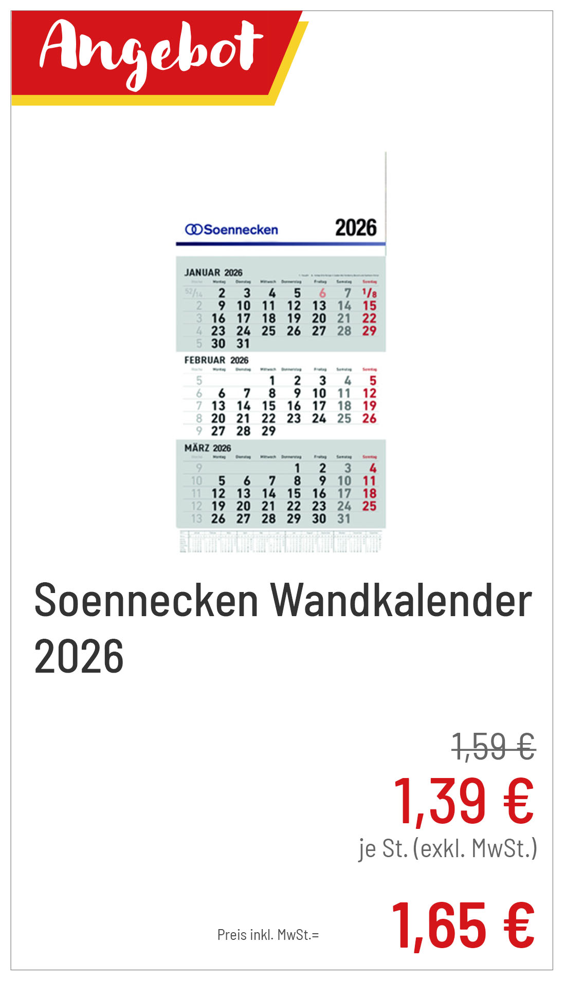 Soennecken Wandkalender 2026  3 Monate für 1,65€