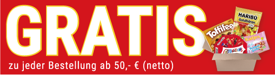 Auf rotem Hintergrund steht Gratis neben verschiedenen Produkten.