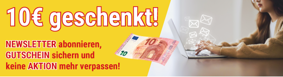 Auf gelbem Hintergrund steht 10€ geschenkt mit einer Frau am PC.