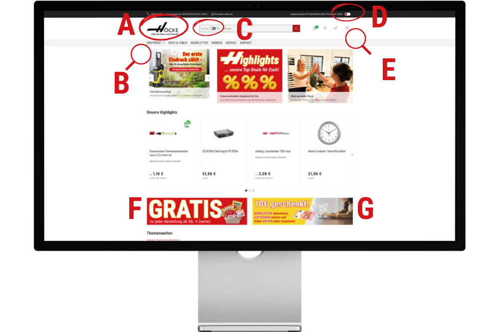 Eine Startseite mit Markierungen.