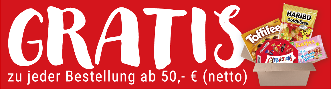 Auf rotem Hintergrund steht Gratis neben verschiedenen Produkten.