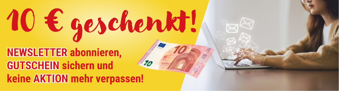 Auf gelbem Hintergrund steht 10€ geschenkt mit einer Frau am PC.