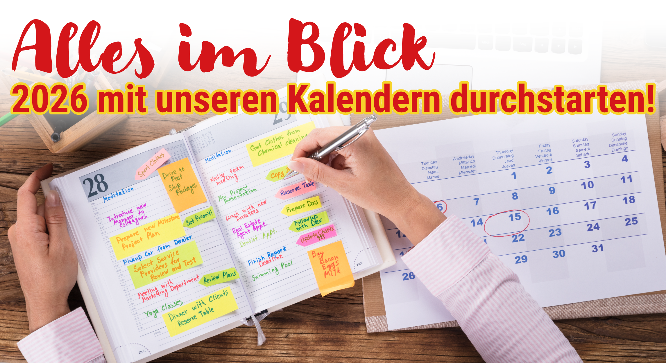 Eine Aufnahme von Kalendern mit der Überschrift "Alles im Blick. 2026 mit unseren Kalendern durchstarten!"