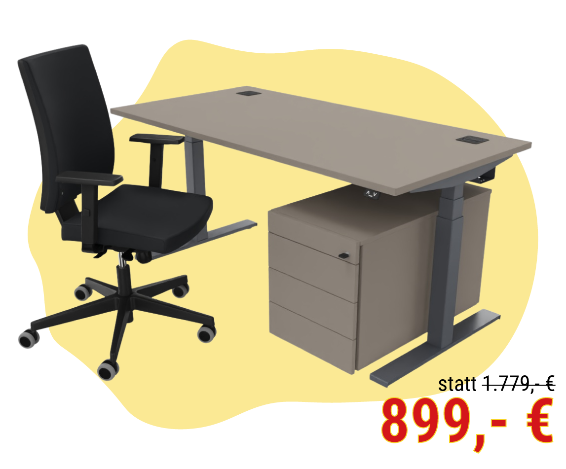 Ein Arbeitsplatz bestehend aus Schreibtisch, Rollcontainer und Bürodrehstuhl