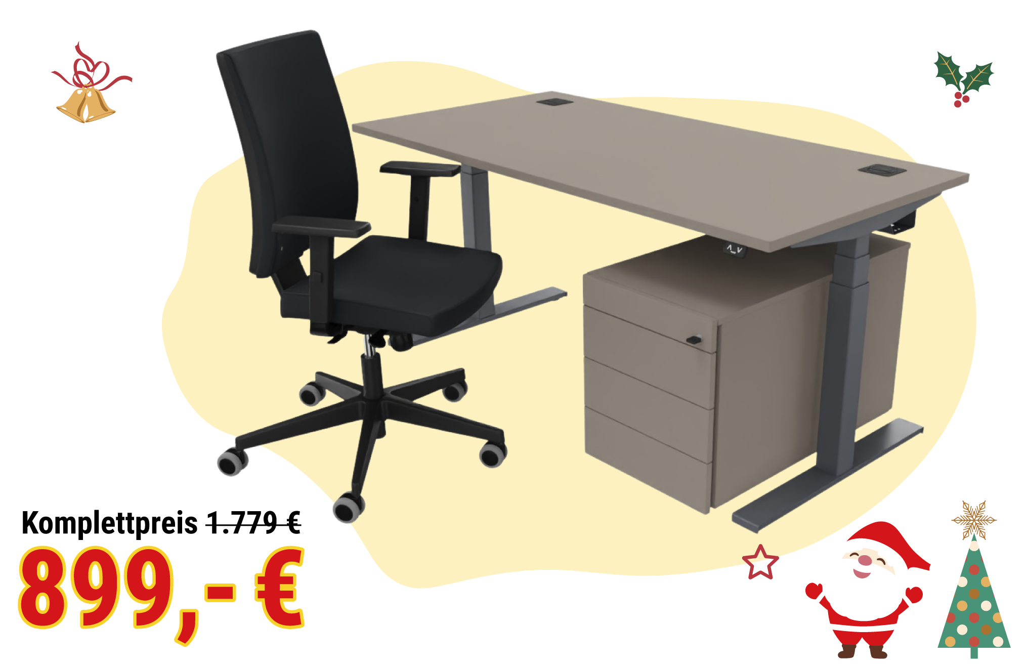 Arbeitsplatz bestehend aus Schreibtisch, Rollcontainer und Bürodrehstuhl zum Komplettpreis von 899,- € zzgl. MwSt.
