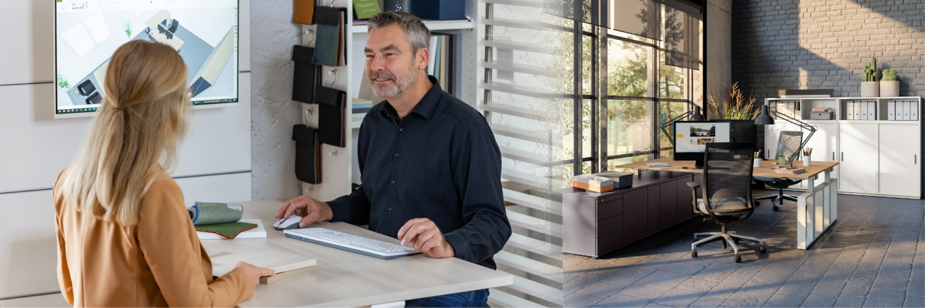 Ein Mann und eine Frau stehen sich an einem Tisch gegenüber. Rechts ist ein eingerichtetes Büro zu sehen.