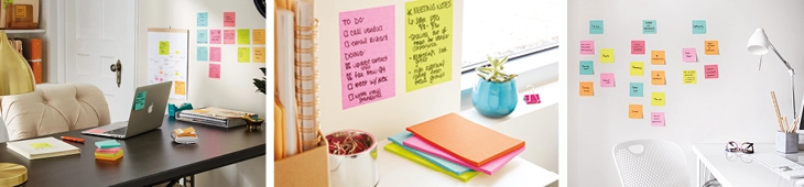 Bild links: Schreibtisch mit Laptop und Post-its auf Tisch und an der Wand, Bild Mitte Nahaufnahme von beschrifteten Post-its an einer Wand, Bild rechts Post-its an einer Wand.