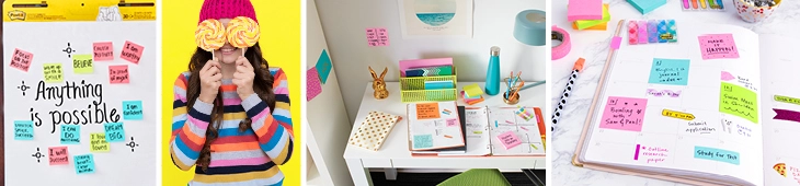 Das Bild zeigt Anwendungsabbildungen für den Schulalltag. Links ein mit Post-its gestaltetes Mind-Map, in der Mitteeinen mit Post-ist beklebten Notizblock undlinks einen Block mit auf Post-ist vermerkten Lerntipps.
