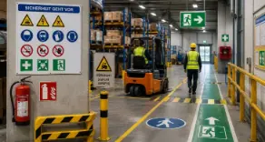 Sicherheitskennzeichnung im Betrieb: Erfahren Sie, welche Sicherheitszeichen, Warnschilder, Fluchtwegkennzeichnungen und Bodenmarkierungen für mehr Sicherheit sorgen. Jetzt passende Produkte bei J.A. Hofmann Nachf. entdecken.