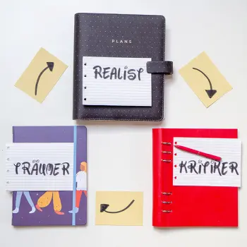 Drei Notizbücher liegen auf einem Tisch. Auf Ihnen liegen Zettel mit den Worten Träumer, Realist, Kritiker, dazwischen Haftnotizen mit Pfeilen.