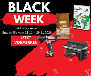 Auf schwarzem Hintergrund mit roten Streifen sind 4 Produkte abgebildet. Oben rechts steht "Black Week".