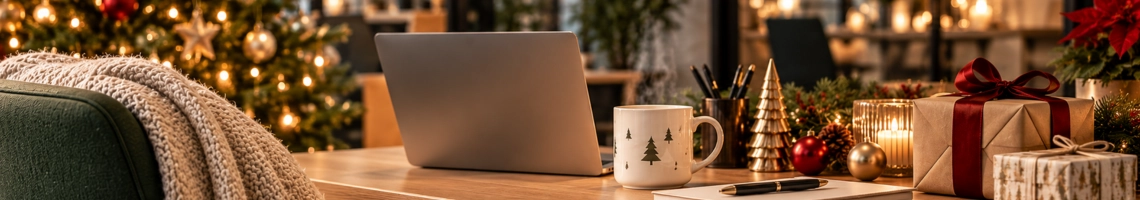 Festlich dekoriertes Büro mit Weihnachtsbaum, Lichtern und Geschenken