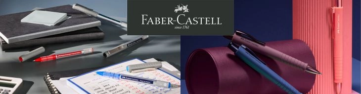 Faber-Castell Schreibgeräte auf Schreibtisch und farbigem Hintergrund.